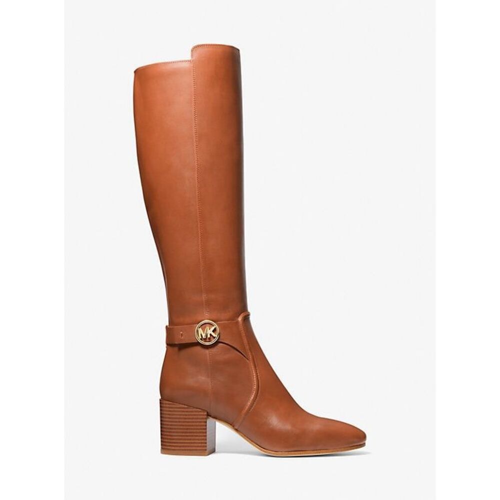 Michael Kors Side Zip Logo Buckle Carmen Leather Tall Riding Boots Luggage Sz 7 - Picture 2 of 9